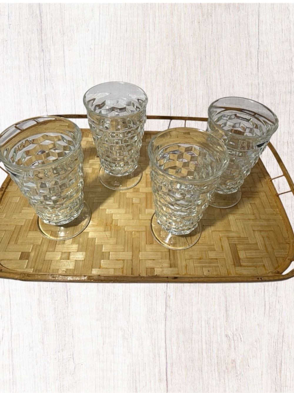 VTG Indiana Glass Clear Whitehall Footed Tumblers Cubist Colony MCM Set of 4
